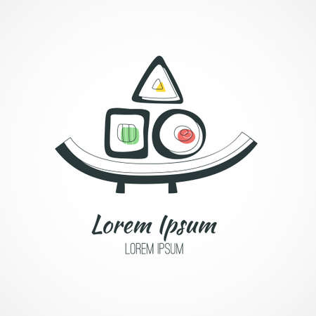 Sushi on a plate - artistic concept for japanese restaurant. Branding identity element. Vector logo design concept. Isolated high quality vector graphic.のイラスト素材