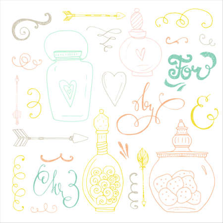 Romantic vector elements. Hand drawn typography, sketched jars and hearts and other objects for valentines card, save the date or wedding card.のイラスト素材