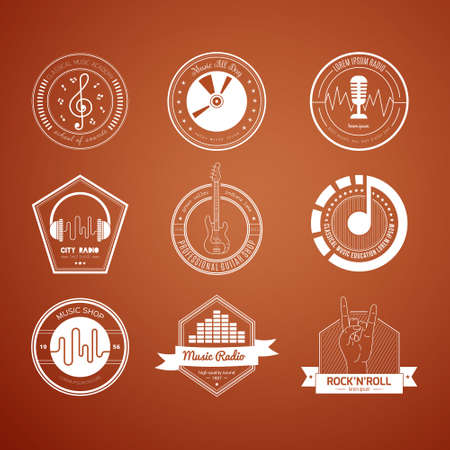 Collection of music logos made in vector. Recording studio labels hipster style. Podcast and radio badges with sample text. Vintage t-shirt design elements with musical elements - guitar, horns. Sound production logotypes.のイラスト素材