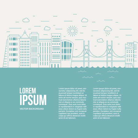 Modern city illustration with skyscrapers, office buildings, bridge, river, weather icons including clouds, sun and rain. Line art vector. Architectural background for flyer or banner design with sample text.のイラスト素材