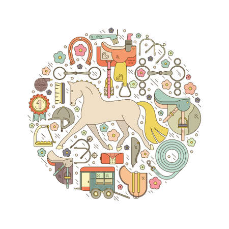 Colorful line style equine conceptual graphic with different horseriding elements including running horse, saddle, bit, helmet and other gear. Equestrian vector. Horse riding equipment.のイラスト素材