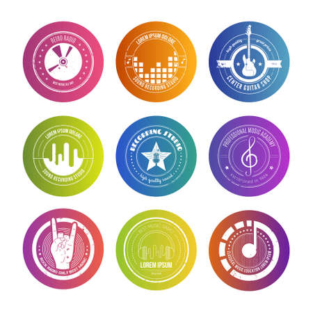 Collection of music logos made in vector. Recording studio labels hipster style. Podcast and radio badges with sample text. Vintage t-shirt design elements with musical elements - guitar, horns. Sound production logotypes.のイラスト素材