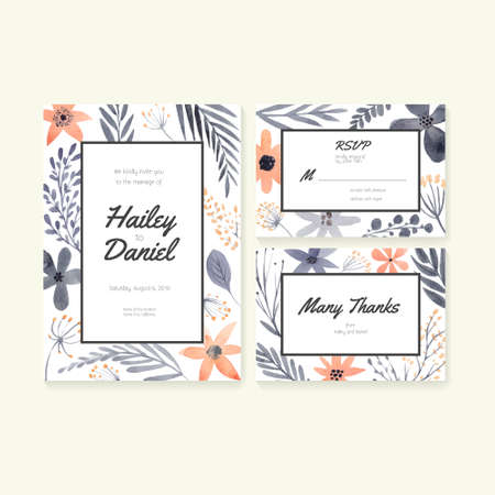 Wedding invitation or save the date, RSVP and thank you card for bridal design. Vector watercolor postcard collection with floral decoration.のイラスト素材