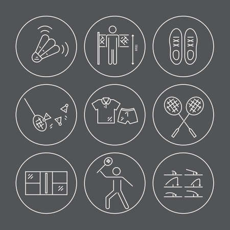 Black and white collection of badminton icons. Modern line style vector illustration. Badminton symbols including shuttlecock, racket, silhouette of a man serving. Thin line modern sport game concept for web and mobile design.のイラスト素材