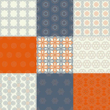 Set of nine vector seamless geometrical patterns. Vintage textures. Decorative background for cards, invitations, web design. Retro digital paper.のイラスト素材