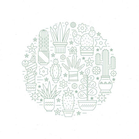 Linear illustration of succulent plants and cactuses in pots in circle shape. Company corporate logo element design. Vector graphic set with cute florals.のイラスト素材