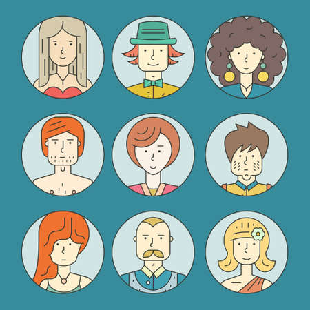 Colorful bundle of different people made in linear style vector. Modern avatars with different characters. Hipster portraits for social media or web site. Trendy illustration of guys and girls with outlines.のイラスト素材