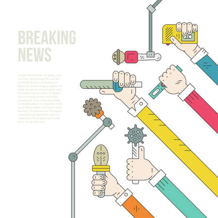 Newspaper or hot news template with hands of journalists holding voice recorders and microphones. Live news vector concept with place for your text. Live report illustration.のイラスト素材