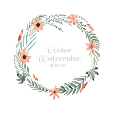 Hand painted watercolor wreath. Unique decoration for greeting card, wedding invitation, save the date. Isolated floral design. Summer flowers with space for your text.のイラスト素材