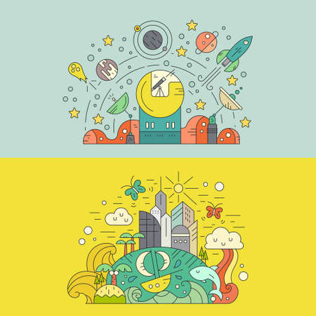 Vecotr travel around the world concept. Banners with cosmos - rocket, stars, planets, and template with fantasy island full of modern buildings, palm trees and nature.のイラスト素材