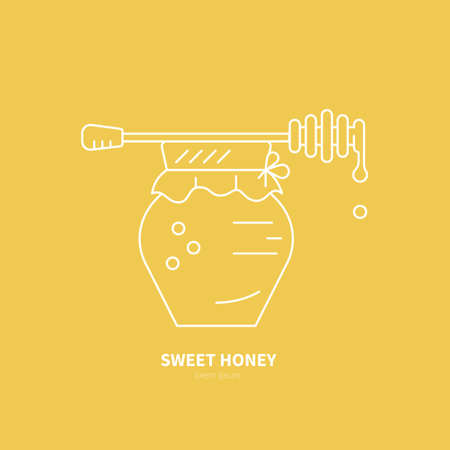 Thin line icon of jar full of honey and dipper on the top. Logotype for honey factory or sweet production company made in vector,のイラスト素材