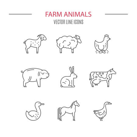 Modern vector linear set of farm animals drawn in modern linear style. Farming icons. Animal symbols. Line series.のイラスト素材