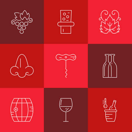 Line style icon collection - wine design elements. Vineyard symbols collection including bottle, glass, grape, nose.のイラスト素材