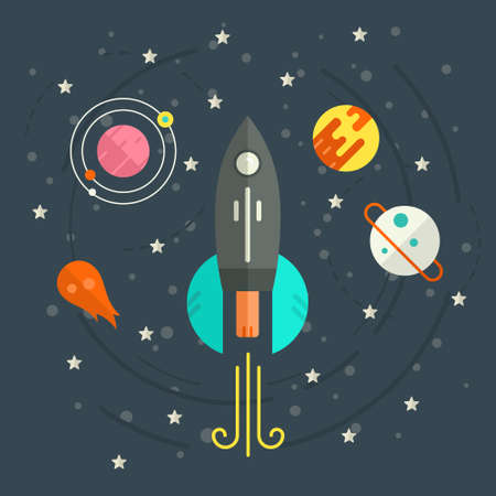 Successful launch concept with rocket and planets in orbit. Space flat vector illustration. Cosmos design element.のイラスト素材
