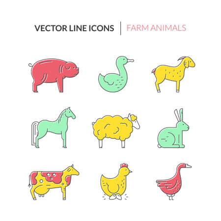 Collection of farm animals including duck, goose, pig, cow. Livestock collection. Animal symbols.のイラスト素材