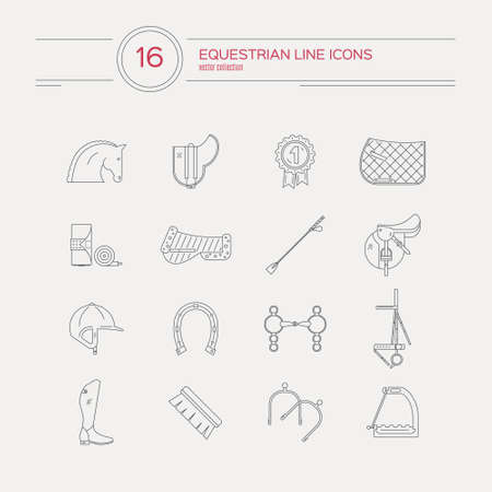Collection of linear equestrian icons with different horse riding gear, including bits, saddle, snaffle, helmet, boots. Perfect detailed equine symbos. Modern horse riing graphic design for web site or application.のイラスト素材