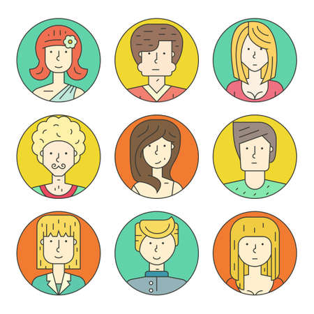 Colorful vector people avatar collection. Vector design of different characters including man and women. Line design icon set.のイラスト素材