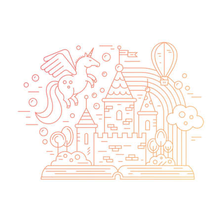 Learning and reading illustration with open book and fairytale store. Illustration of castle, balloon, unicorn and rainbow. Creative thinking concept.のイラスト素材
