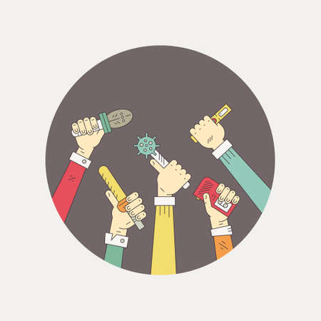 Journalists hands with microphones and recording devises - media and press illustration. News or blog logotype concept made in modern line style vector. Paparazzi or live news illustration.のイラスト素材