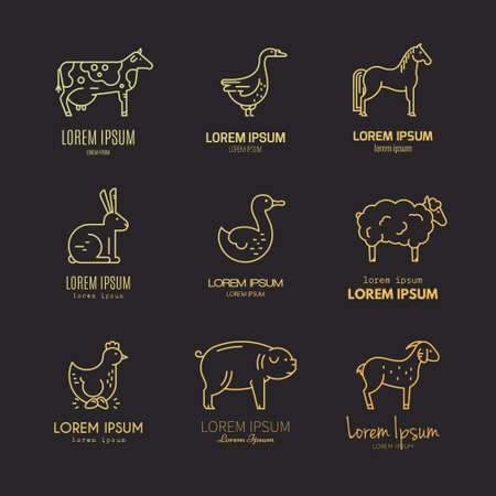 Vector line logo set with different farm animals, including goose, horse, pig, chicken. Modern emblem for farming industry and other types of bio products.のイラスト素材