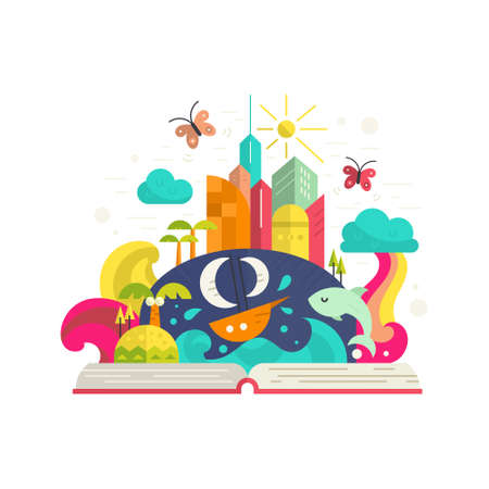 Creativity and imagination concept - open book with magical city inside. Ship, palm trees, tropical island, modern buildings and rainbow. Modern flat vector.のイラスト素材
