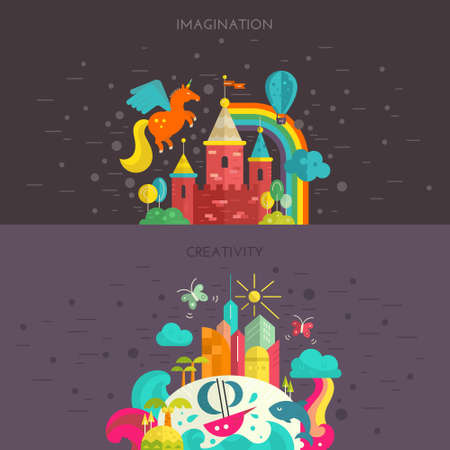 Imagination and creativity concept. Flat style vactor illustration with fairycastle and tropical island. Travel around the world banner.のイラスト素材