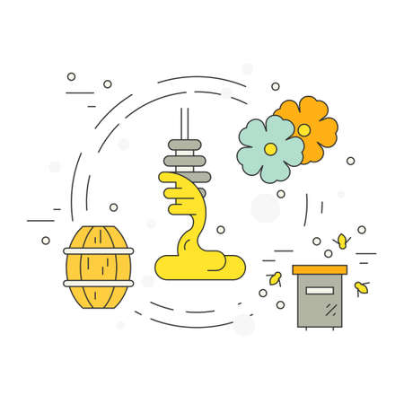 Vector illustration of a dipper with honey and other honey related items isolated on white background.のイラスト素材