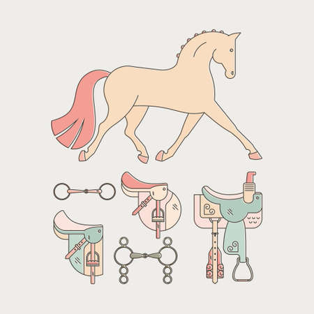Colorful illustration of a horse with horseriding gear including saddle, snaffle and bit. Vector linear equin graphic.のイラスト素材