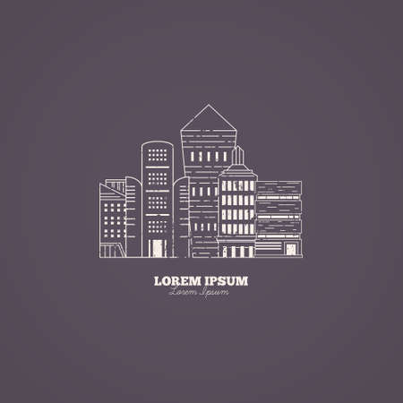 Line style vector logo template with skyscrapers. Urban illustration with different office buildings.Concept of leadership or success.のイラスト素材