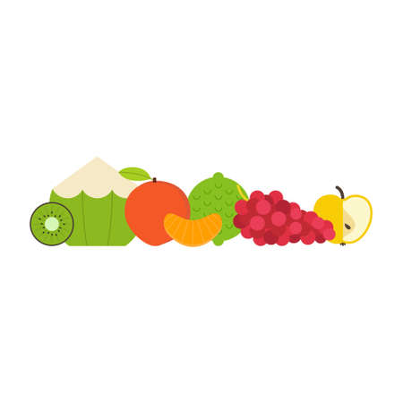 Collection of juicy fresh healthy fruits made in flat style - each one is isolated for easy use. Healthy lifestyle or diet vector design element. Organic farm illustration.のイラスト素材