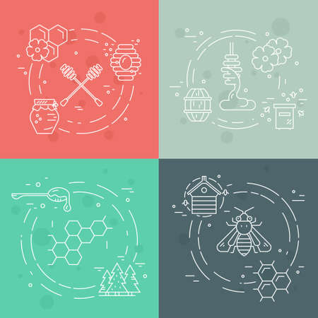 Set of four flyers with honey design elements made in thin line vector. Hive, bee, honey on dipper, honeycomb and other natural product symbols.のイラスト素材