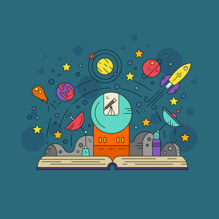 Space exploration and research vector illustration made in flat style. Open book with moon surface, stars, rocket, observatory, I,agination concept.のイラスト素材