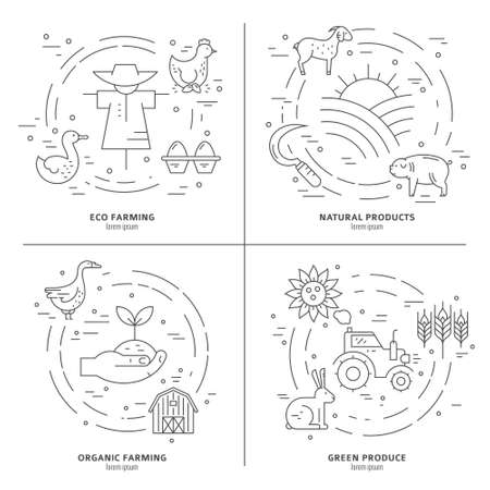 Vector concept with different agricultural symbols. Great linear style conceptual banner template.Eco products series.のイラスト素材
