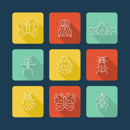 Vector collection of insects thin line icons with shadow. Bug symbol isolated on blue background.のイラスト素材