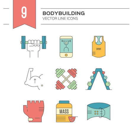 Collection of vector line style icons of weightloss, active lifestyle and gym training. Fitness elements. Unique and modern set isolated on background.のイラスト素材