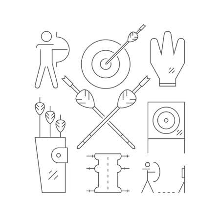 Professional archery concept with different symbols including bow, arrows and man aiming to the target. Sport illustration made in modern linear style. Vector archery design.のイラスト素材