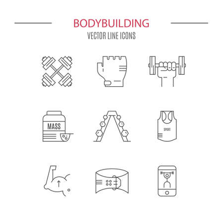 Modern line collection of icons with different fitness, bodybuilding and weightloss elements. Vector line icon collection.のイラスト素材