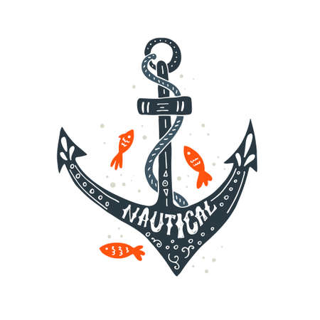 Hand drawn marine poster with unique lettering and real texture. Unique t-shirt or bag design, house warming poster, greeting card illustration.のイラスト素材