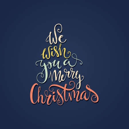 We wish you a merry Christmas - quote in a shape of a christmas tree.- unique handdrawn typography poster.  Great vector design element for congratulation cards, banners and flyers.のイラスト素材