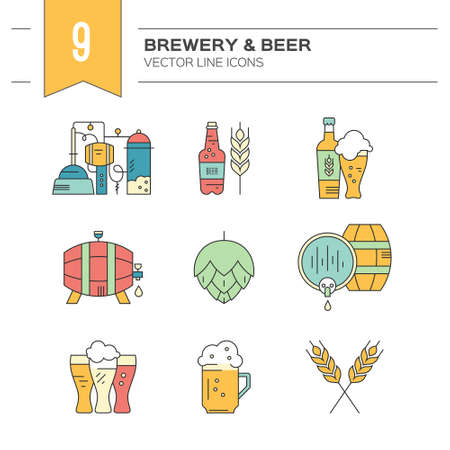 Octoberfest series: modern line vector collection of beer icons - beer mugs, beer bottles, barrels and brewing process. Unique and modern set isolated on background.のイラスト素材