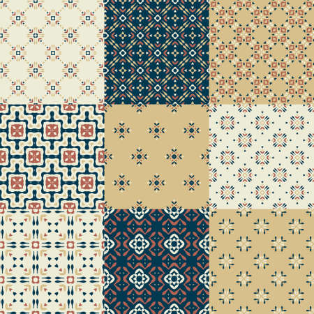 Set of nine vector seamless geometrical patterns. Vintage textures. Decorative background for cards, invitations, web design. Retro digital paper.のイラスト素材