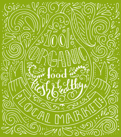 Handpainted quote about organic profucts on a pear - great vintage illustration with real texture. Perfect illustration for local market or for grocery store.のイラスト素材