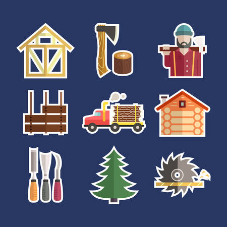 Vector set of lumberjack symbols. Timber industry and woodwork icons. Unique and modern set isolated on background.のイラスト素材