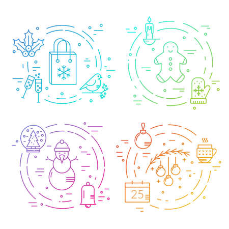 Collection of four circle banners with Christmas and New Year symbols. Perfect design element for Christmas card, Christmas banner or flyer. Vector templates.のイラスト素材