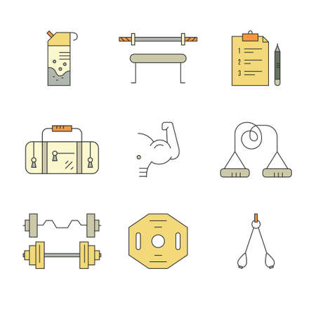 Modern line collection of icons with different fitness, bodybuilding and weightloss elements. Vector line icon collection.のイラスト素材