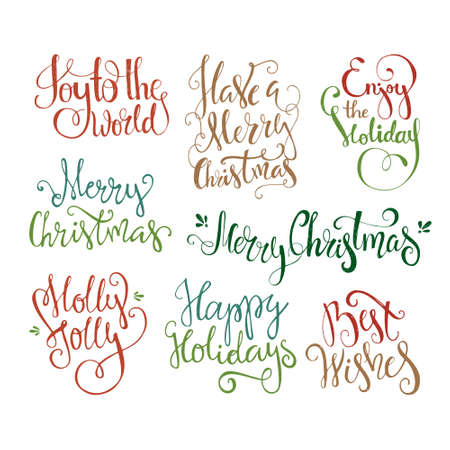 Big bundle of handdrawn Christmas lettering. Unique typography for congratulation cards and invitations. Isolated on white background.のイラスト素材