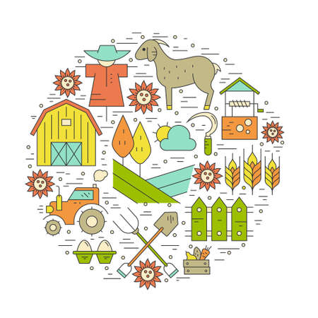 Vector concept with different agricultural symbols. Farming flyers and banners. Eco products series.のイラスト素材