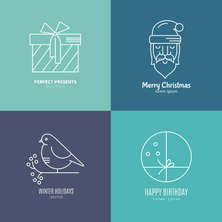 Set of Christmas logos including presents, Santa Claus, winter bird. Line vector illustration.のイラスト素材