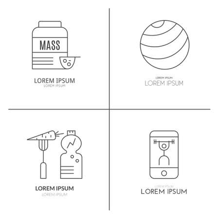 Vector set of bodybuilding, weightloss and fitness training gear and equipment logos made in line style. Fitness elements. Unique and modern set isolated on background.のイラスト素材