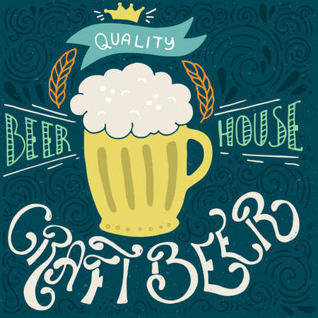 Vintage poster with craft beer mug and various decorations - unique handdrawn lettering on brewery theme. Great for pub menu, announcement of the beer festival or brewery poster.のイラスト素材